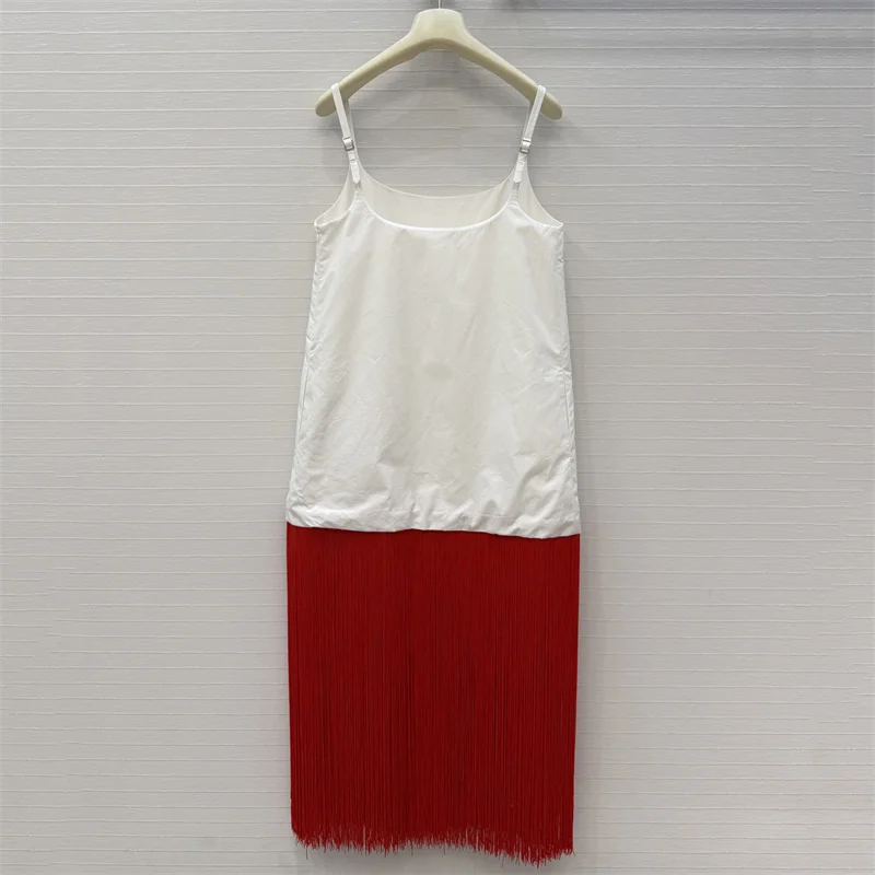 women's dress New color blocking spliced long dress for summer 2026 Tassel embellished suspender dress Sleeveless party dress