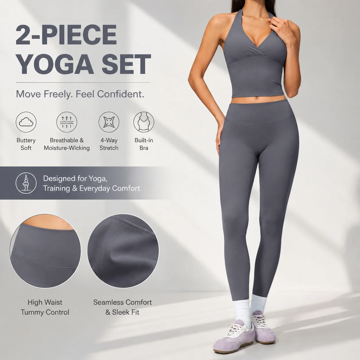 Premium Women's 2-Piece Yoga Set Halter Twist-Front Longline Tank Top and High Waist Leggings Seamless Gym Matching Outfit with