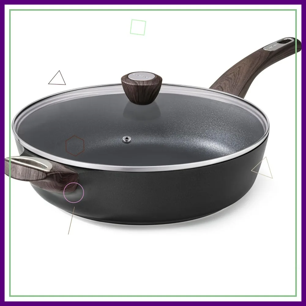

12-дюймовая большая глубокая сковорода с антипригарным покрытием и крышкой, совместимая с индукционными плитами, без PFOA и PFOS, для здорового приготовления пищи