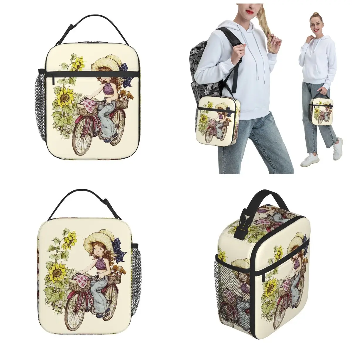 Sarah Kay Girl With Bicycle Insulated Lunch Bag Food Container Bags Portable Thermal Cooler Lunch Boxes For Travel