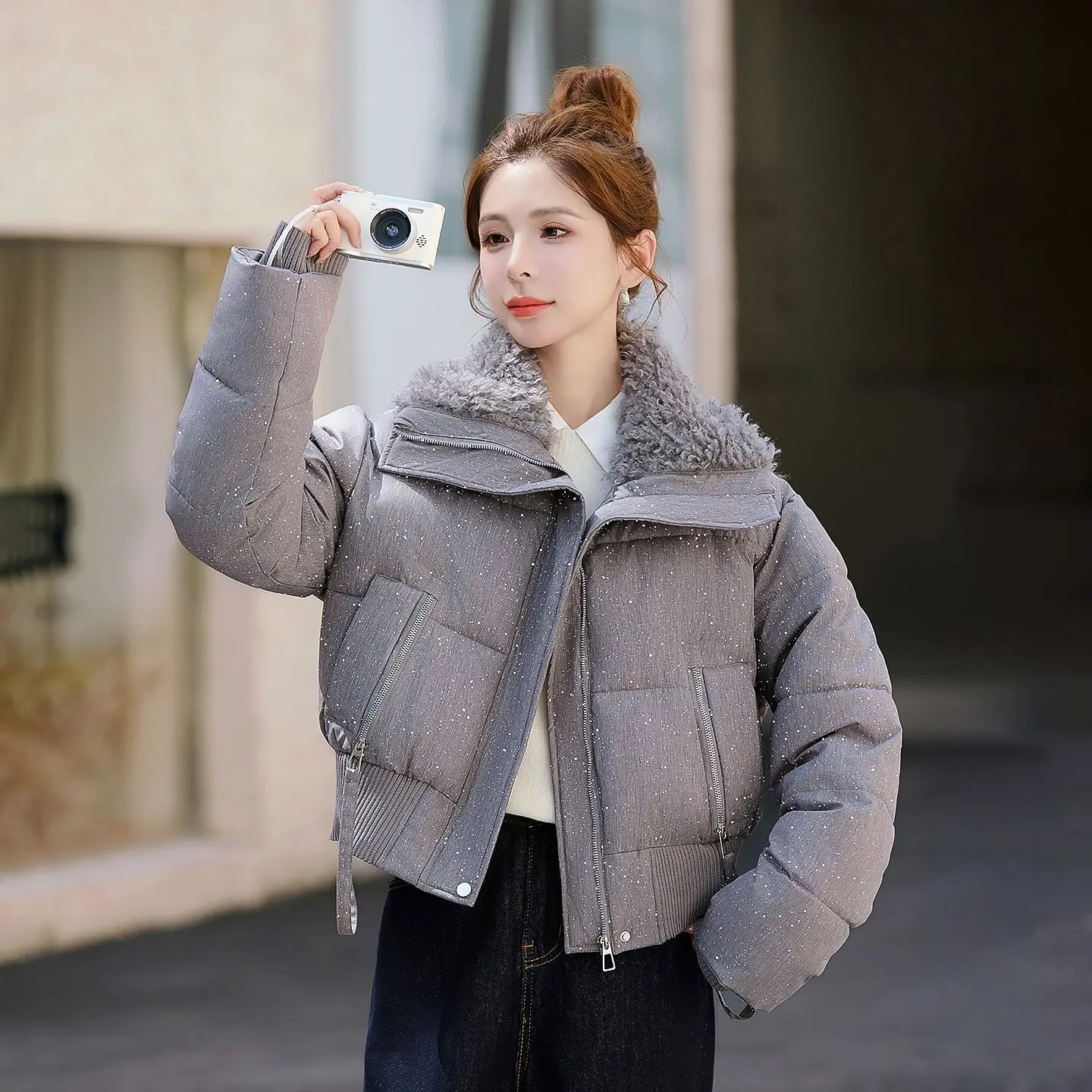 2027 New Lapels Warm Cotton Padded Coat Ladies Winter  Sequined Lamb Wool Jacket Women Parkas Short Outcoat Casual Overcoat Top