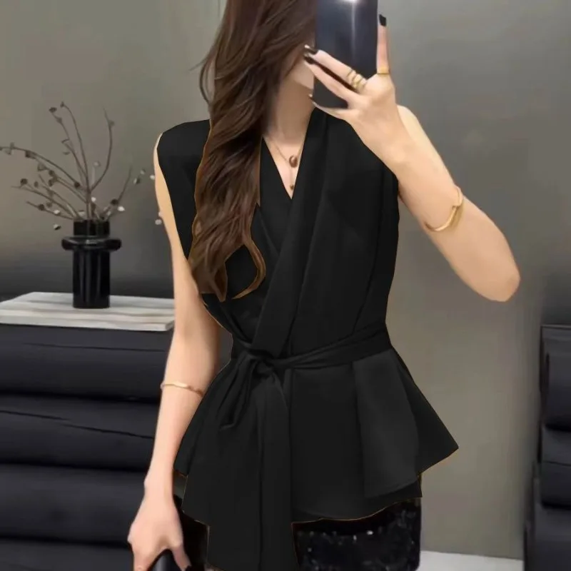 New Summer Slim Sleeveless Shirt Women Fashion V-neck Cross Lace Up Solid Color Thin Temperament Elegant Office Lady Top