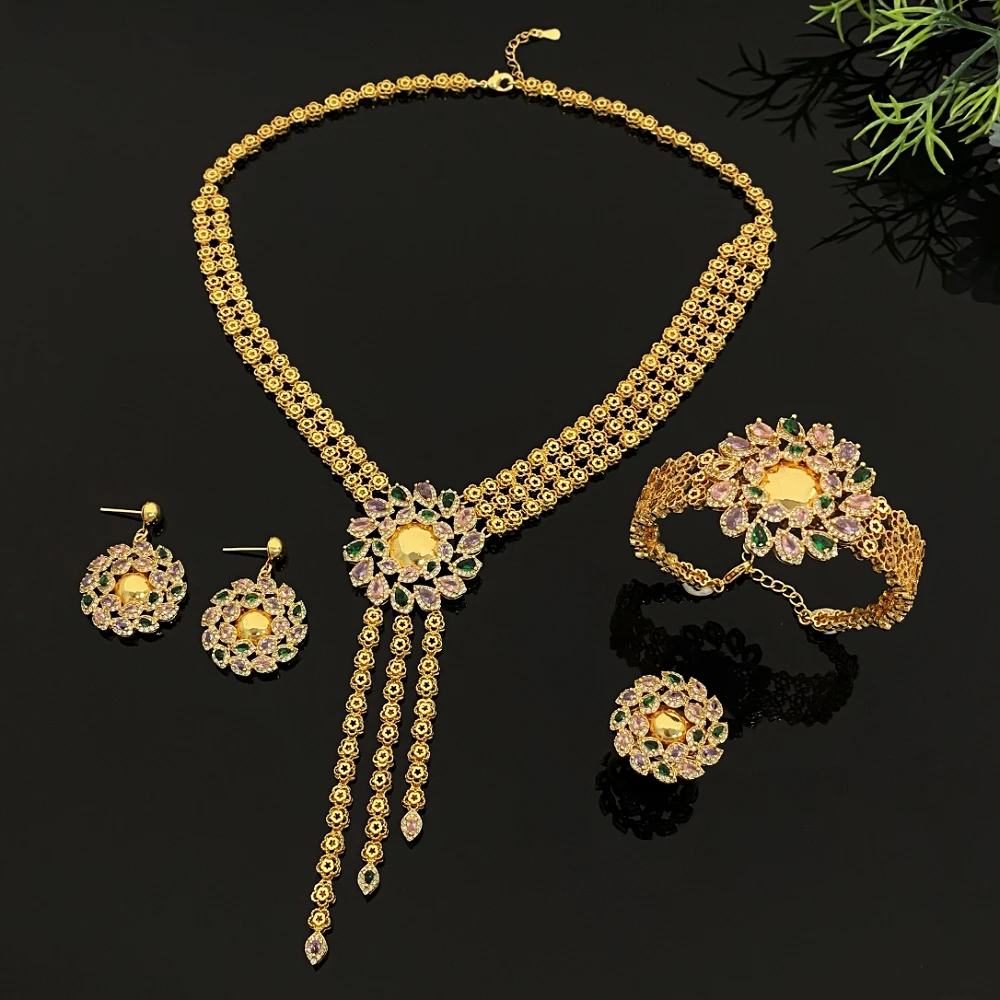 

JRH романтический сладкий позолоченный латунный комплект ювелирных изделий с кубическим цирконием, вечерние аксессуары, ожерелье, серьги, браслет, кольцо