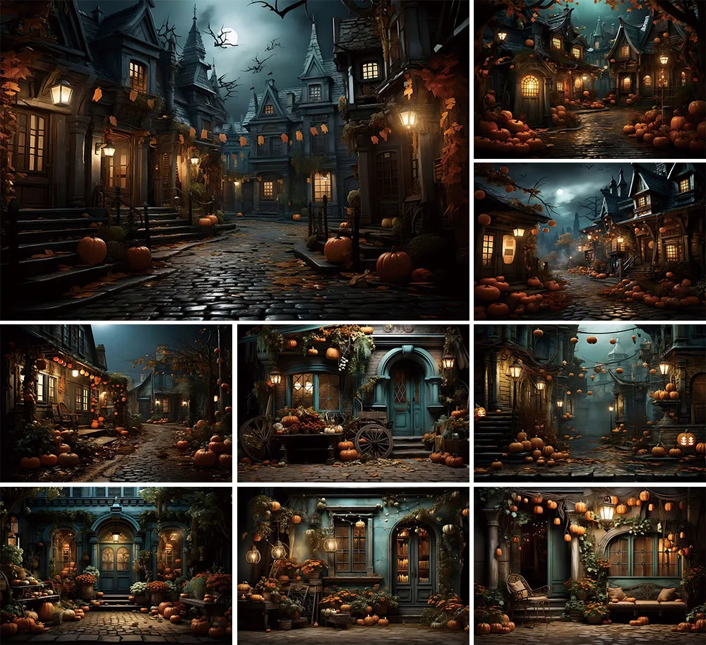 

Mehofond Halloween Dark House Street Backdrops Kids Adult Portrait Spooky Pumpkin Moon Night Bat Decor Studio Photography Props