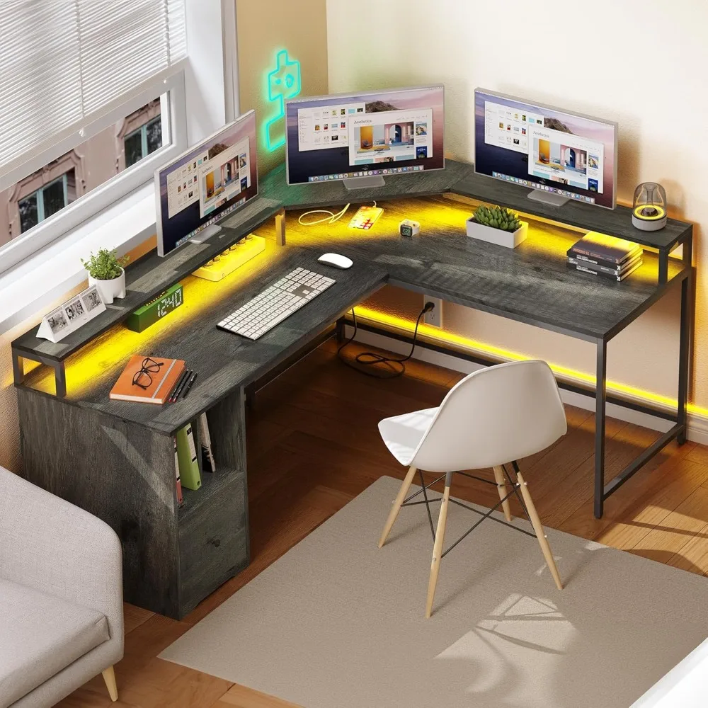 Bureau d'ordinateur avec prise électrique et lumières LED, 67 amaran, support de moniteur, 3 étagères de rangement avec égouts de proximité, bureau d'angle