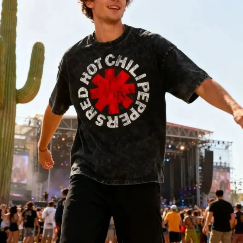 

Tee For Red Hot Chili Peppers Star Logo Graphic Men's Washed T-shirt Male Classic Rock Casual Comfortable Streetwear T-shirt