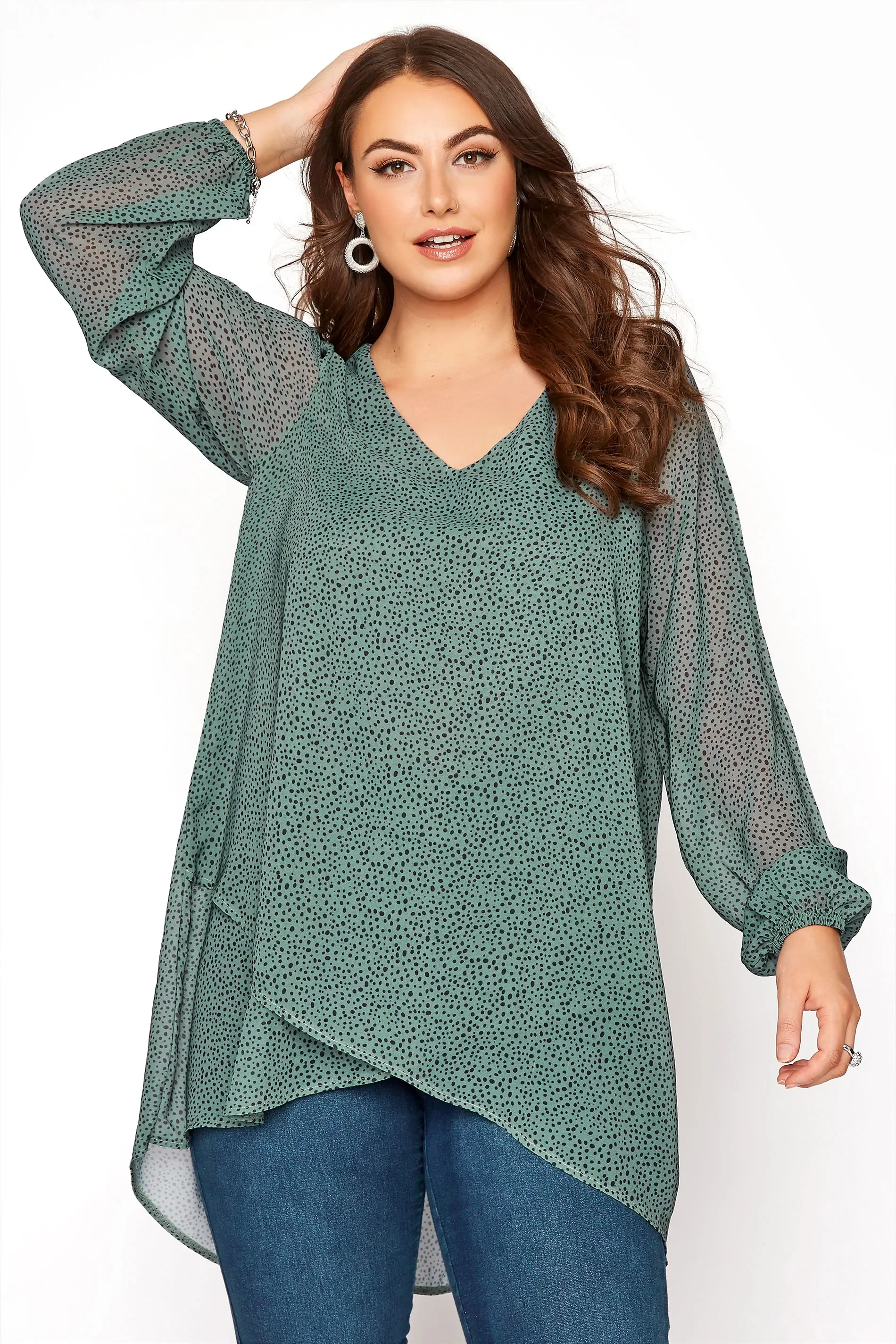 Plus Size Long Sleeve Spring Autumn Elegant Hi Low Wrap Blouse Women V-neck Green Dot Print Tunic Top Large Size Casual Blouse