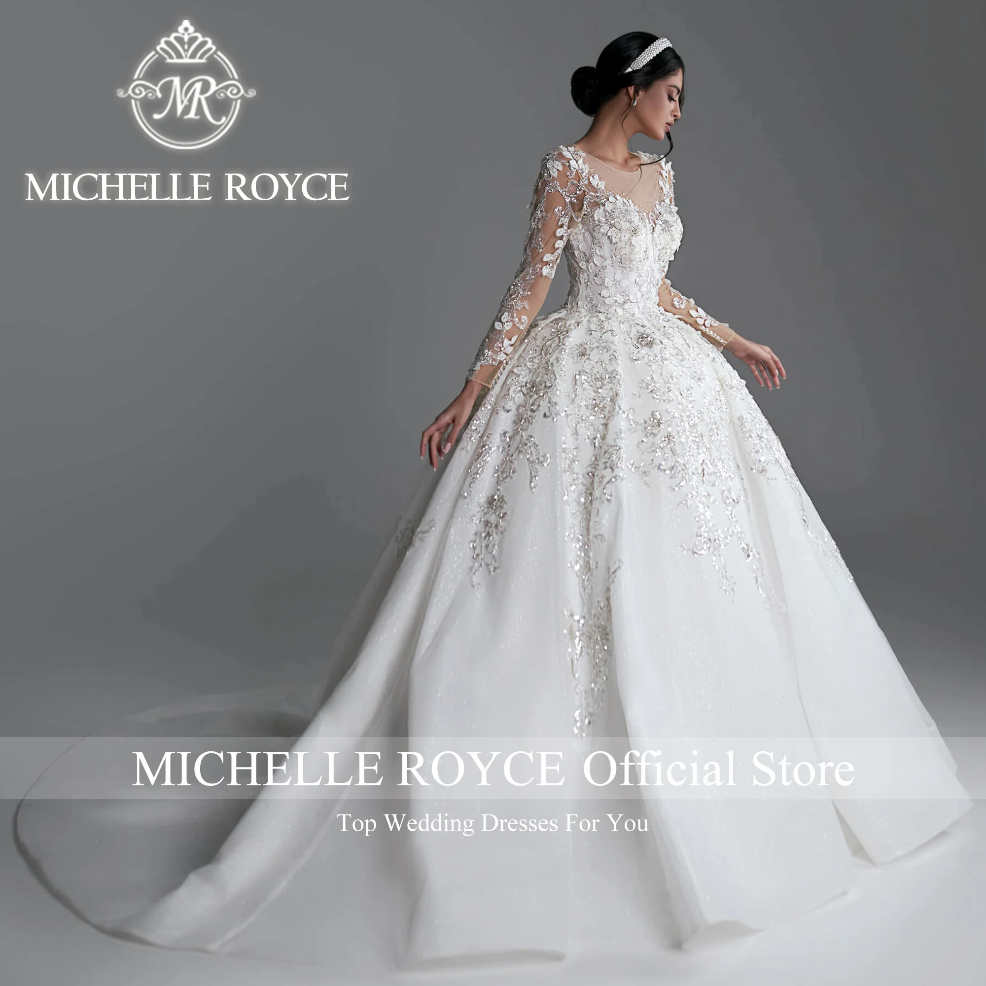 Michelle Royce-Robe de mariée en dentelle à manches longues, robe de Rh, broderie chérie, paillettes, luxe, éducatif