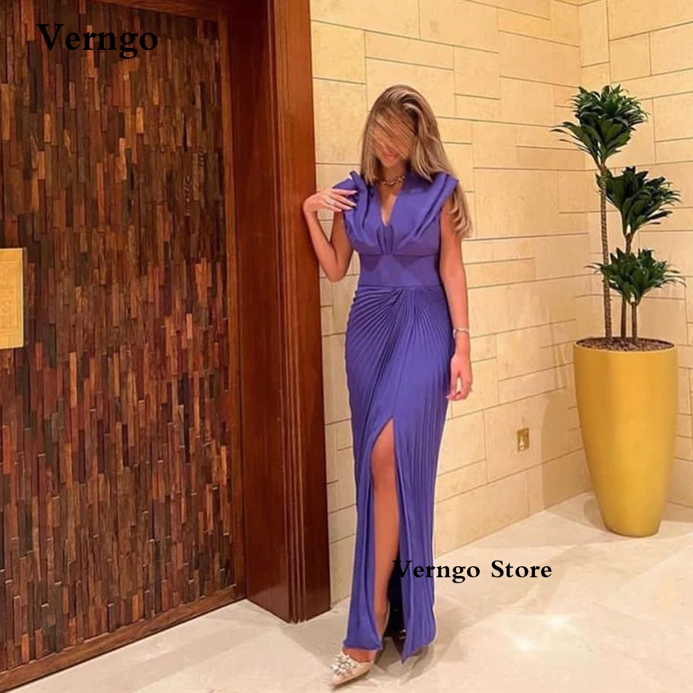 

Verngo Purple Draped V Neck Evening Dresses Side Slit Cap Sleeves Floor Length Prom Dress Arabic Women Formal Party Gowns