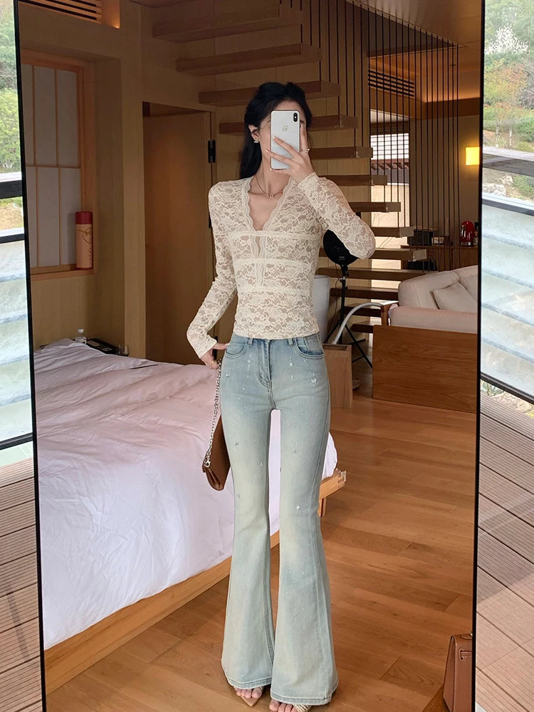 

Slimming Heavy Duty Rhinestone Retro Bell Bottom Jeans Women's Hip Lifting High Waist Long Pants Casual Cotton Stre...