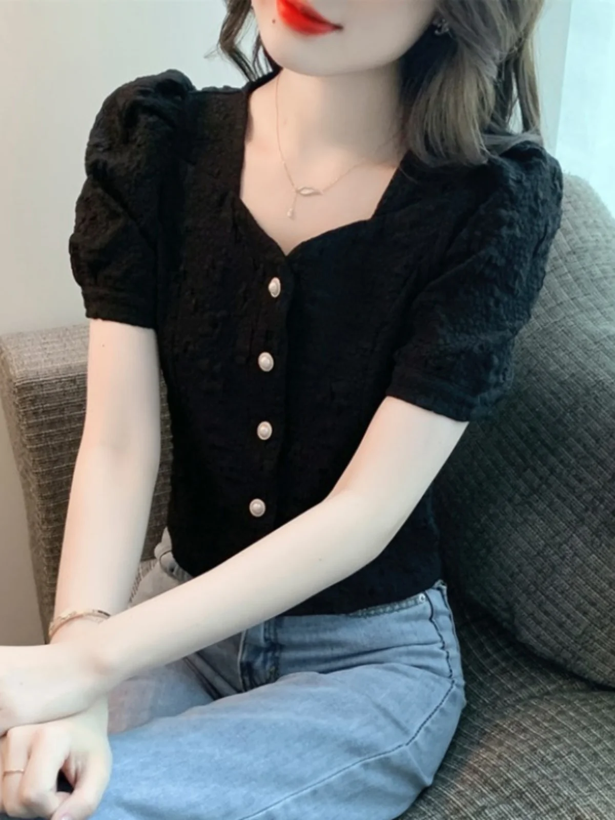 

Кружевная блузка-топ для женщин: новая летняя коллекция, красивая, модная, премиум-класса, с квадратным вырезом и рукавами-фонариками, короткий рукав, весенняя модель