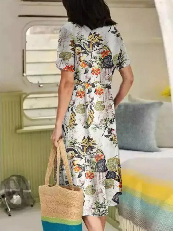 Moda verão vestido feminino sólido manga curta com decote em v botão de algodão vestido elegante casual oversized feminino vestido de festa vintage