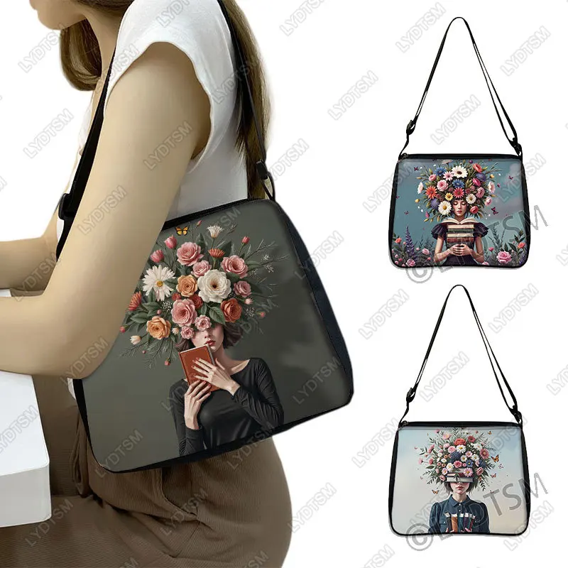 Elegant Woman and Books Graphic Print Shoulder Bags for Travel Flowers and Butterfly Women Handbag Messenger Bags Phone Holder