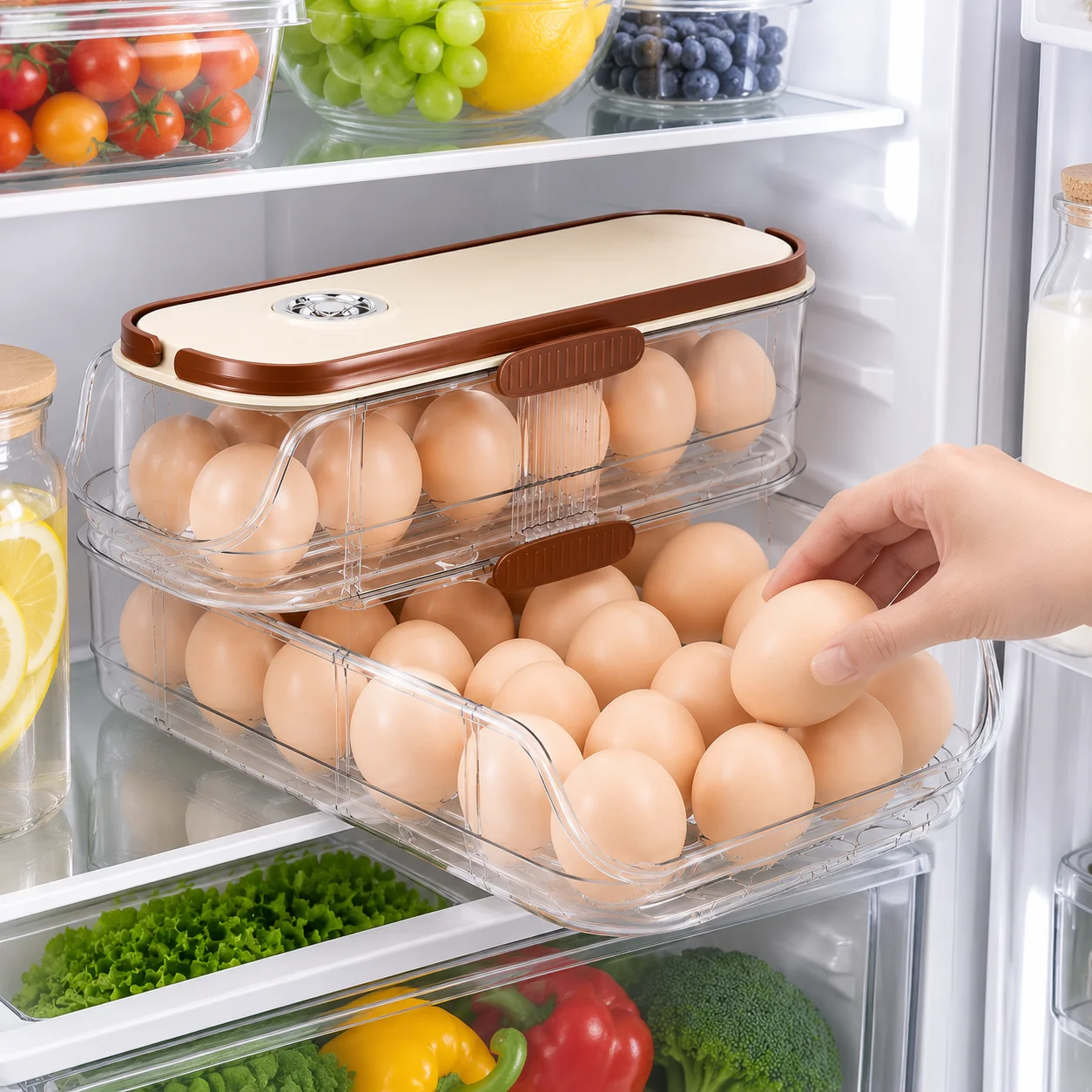 2‑Layer Auto Rolling Egg Storage Container Date Record Lid Clear PET Egg Organizer Box Pull‑out Drawer Egg Dispenser Refrigerator Kitchen Storage Gadget