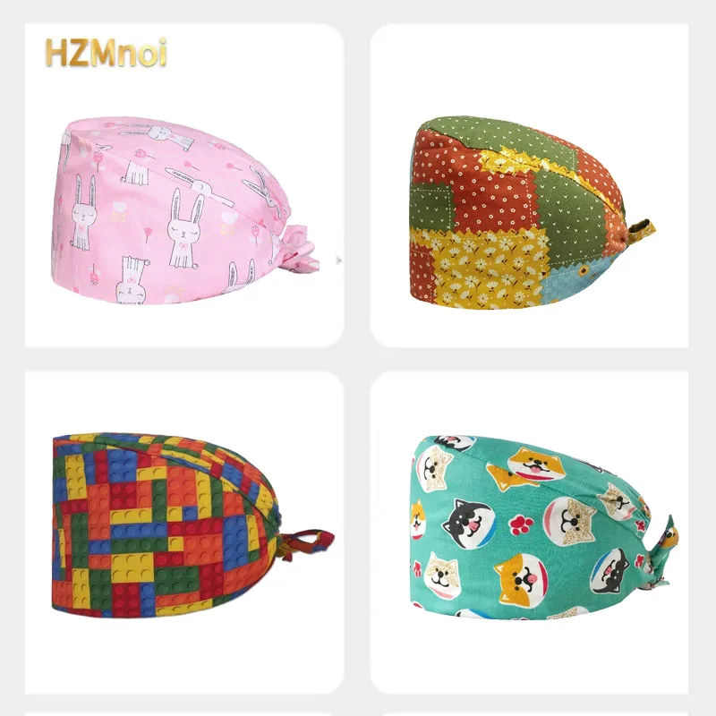 High-quality Pure Cotton Hats for Women Cartoon Star Printing Dentist Hat Nurse Beauty Salon Pet Shop Sweat-absorbent Scrub Caps