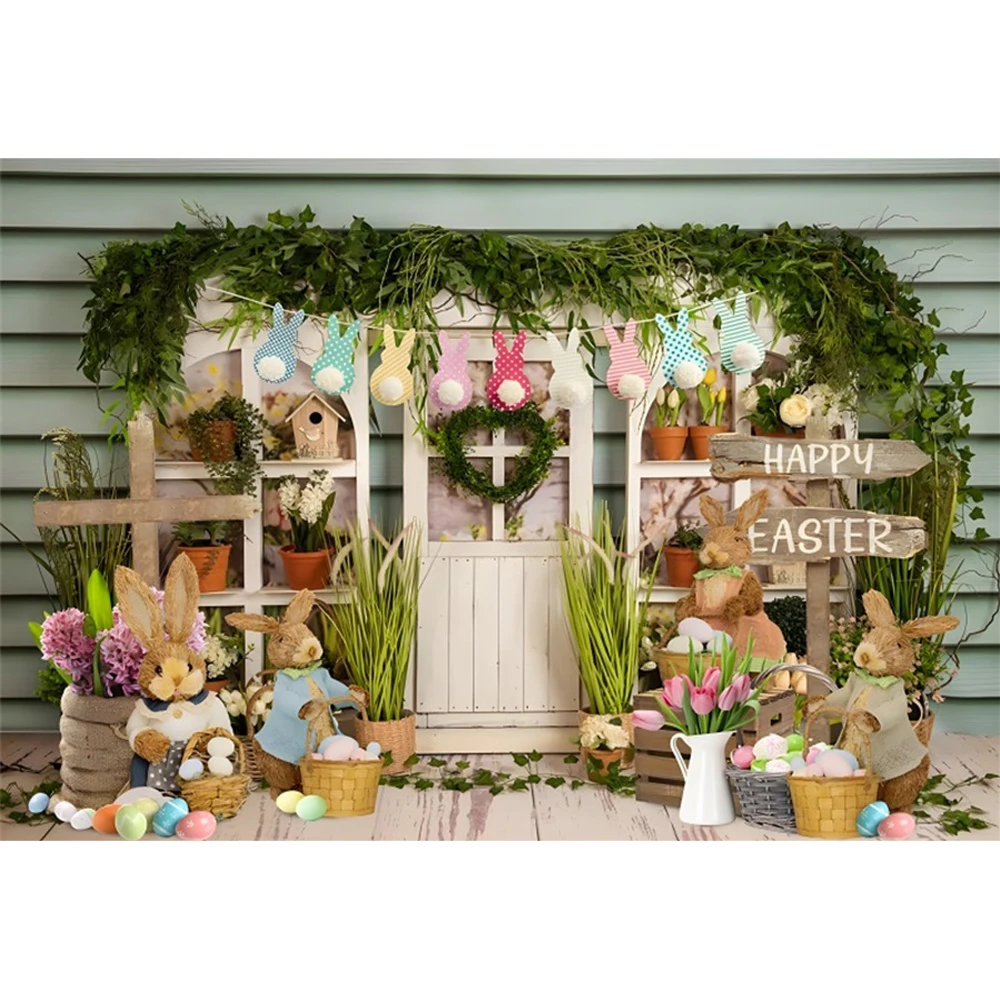 

Spring Easter Baby Shower Backdrop Wood Door Floor Rabbit Grass Flower Newborn Birthday Party Photography Background Studio Prop