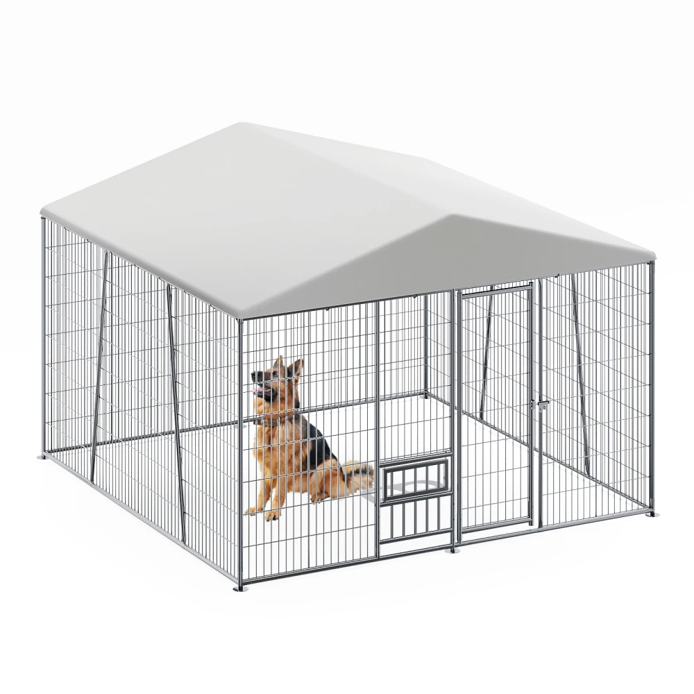 

10x10FT Heavy-Duty Outdoor Dog Kennel: Waterproof Roof, Feeding Bowl, Easy Wire Fence & Lock