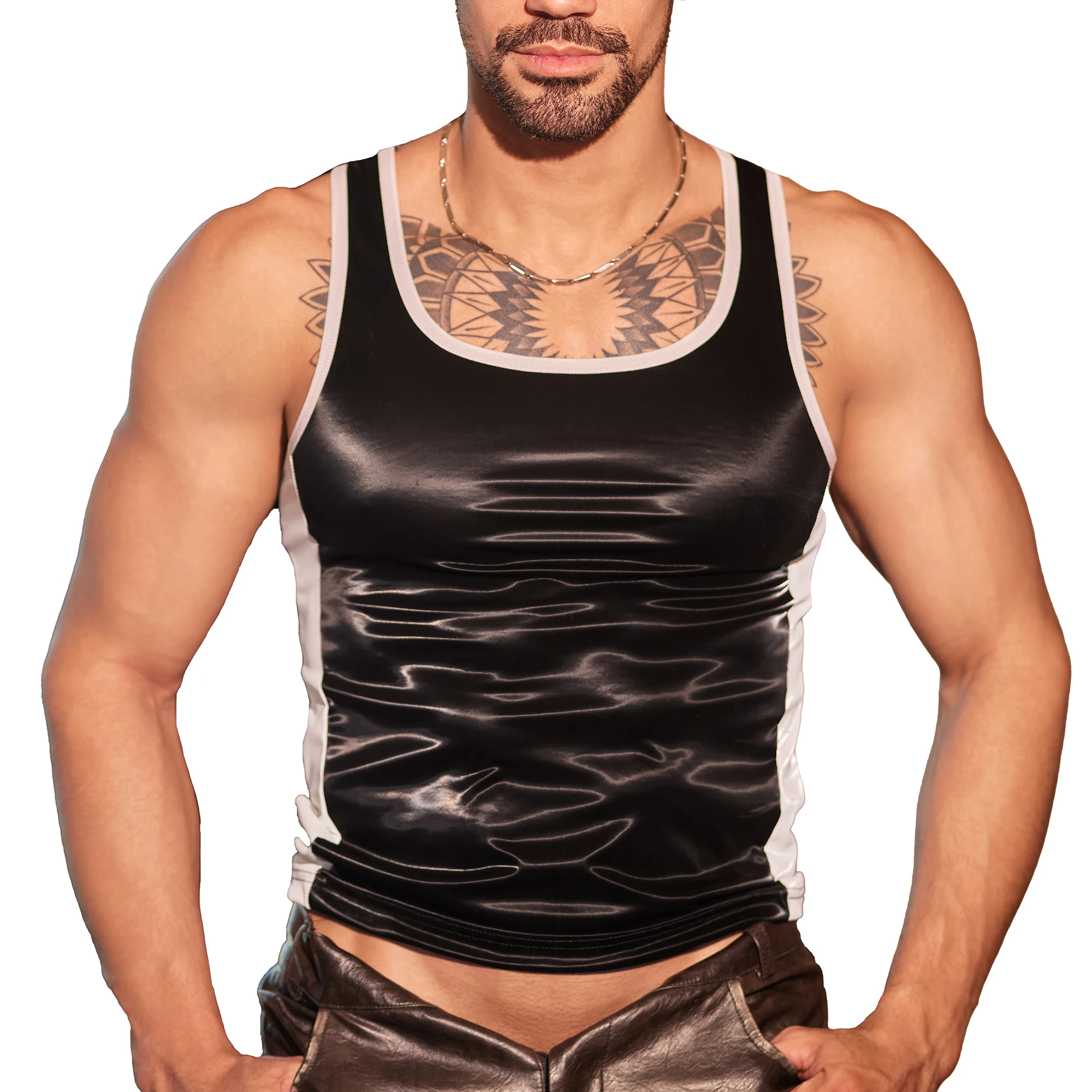 

Men Faux Leather Sleeveless T-shirts Sexy Glossy Fashion Slim-fit Tank Tops Elastic Nightclub Party Singlets Show Muscle Vests