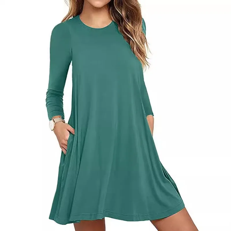 Roupas femininas novo outono inverno vestido cor sólida em torno do pescoço balanço bolso balanço