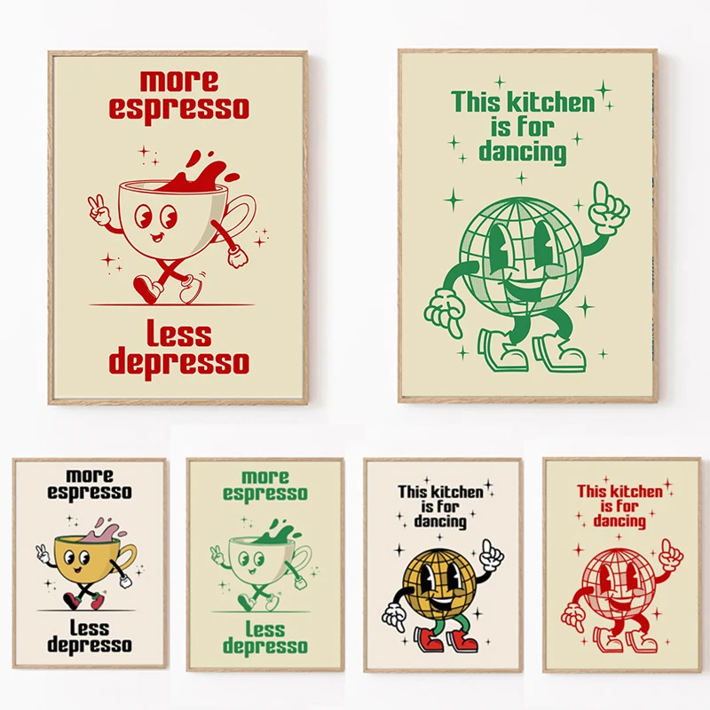 Retro Kitchen Food Cartoon Poster Character Coffee More Espresso Less Depresso Quotes Poster Wall Canvas Painting Room Decor