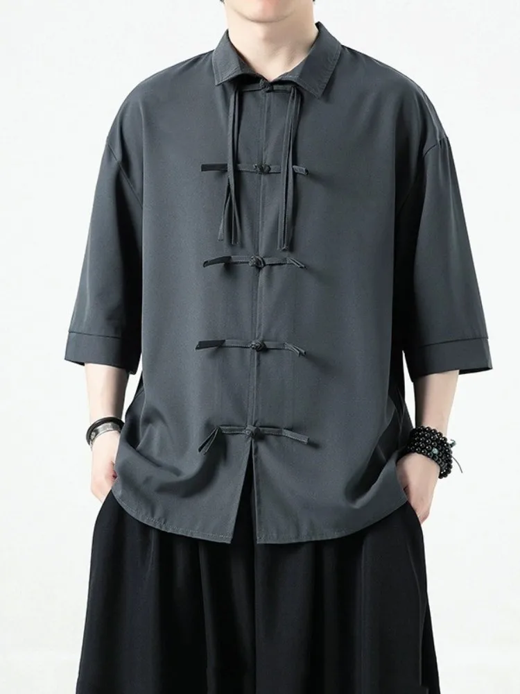 

New Chinese Sle Men's Ice Silk irt ort Sve Retro Button up Thin Summer Faionable Loose Fit Youthful No Ironing Needed