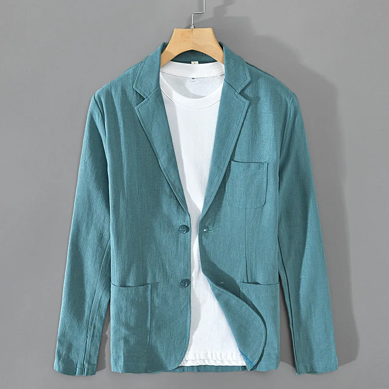 

Новый мужской повседневный костюм из хлопка и льна на весну-лето: дышащий, модный, с разрезом сзади, длинными рукавами, на одной пуговице, однотонный