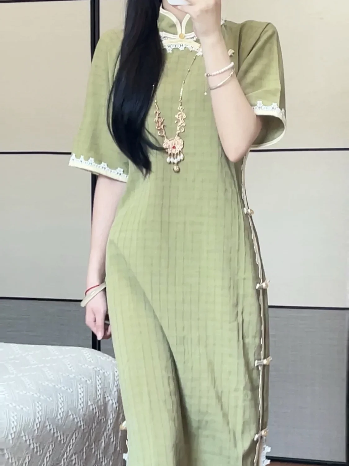 

Matcha 2025 Summer New Lace Retro Green Plaid Girl Improved Cheongsam Retro Chinese Daily Style Dress