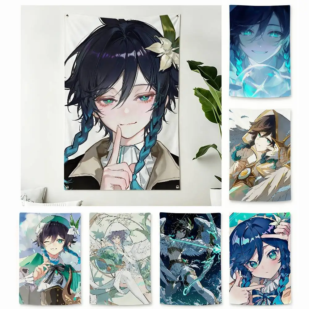 Cute G-Genshin-I V-Venti W-Wendy Home Decor Wall Hanging Vertical Flag Indoor Outdoor Background Tapestry