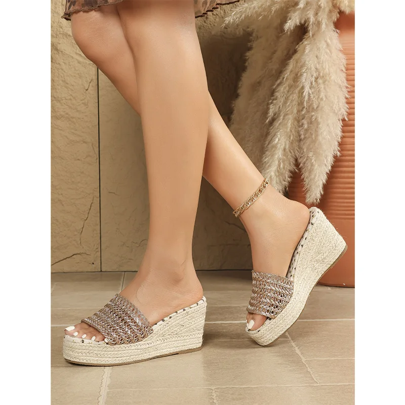 Summer Shoes Women High Heels Sandals Brand Elegant Ladies Party Shoes Wedges Heel 10cm Plus Size 42 Gold Silver Black D1047