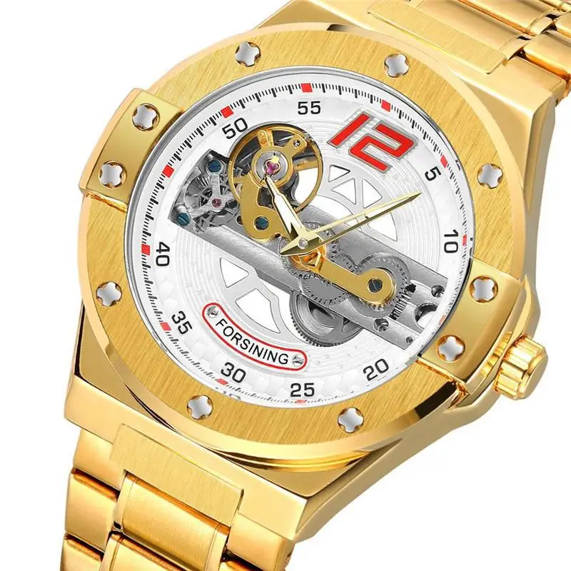 

Forsining Top Brand Full Stainless Steel Luxury Golden Men Leisure Automatic Mechanical Hollowed Out Motorcycle Tourbillon Watch