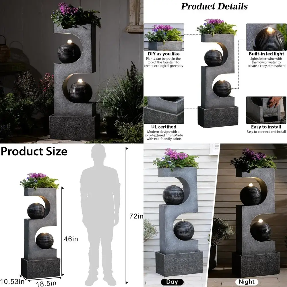 

Modern Sphere Outdoor Water Fountain, 46 Inches Tall with LED Lighting, Suitable for Garden, Patio, Yard, and Deck