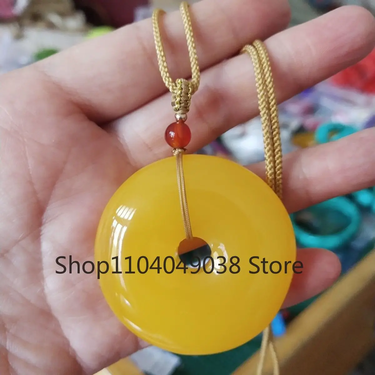 Natural 6mm Mexican Amber Beeswax + 53**53*13mm Amber Annular Ping An Fu Pendant Necklace+ Certificate