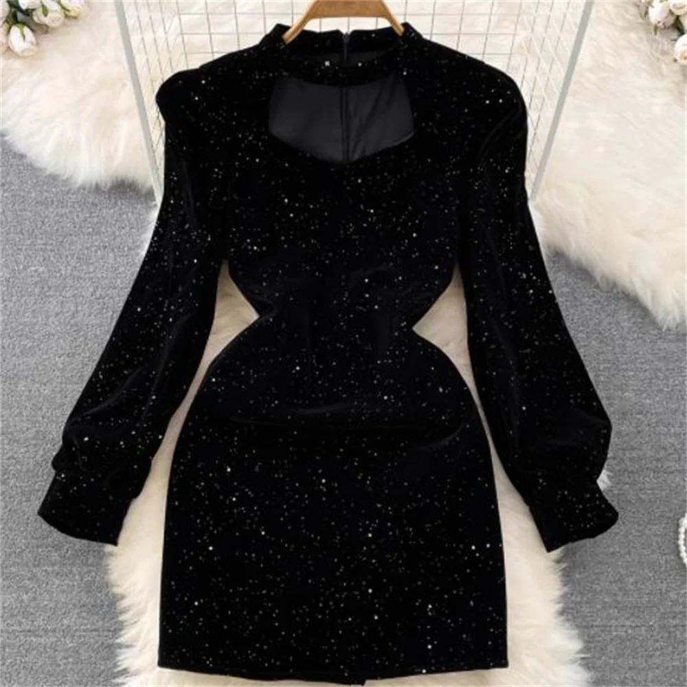 Autumn and Winter Vintage Square Neck Christma Meeting Hanging Neck Waist Slim Shining Velvet Dress