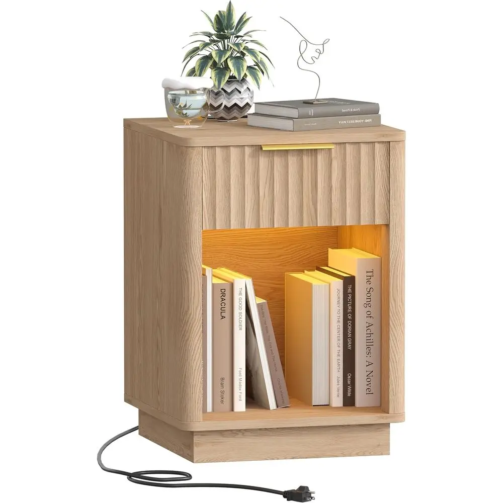 

Contemporary Oak Nightstand with Charging Station and LED Light, 15 x 15.7 x 22.6, Suitable for Bedroom