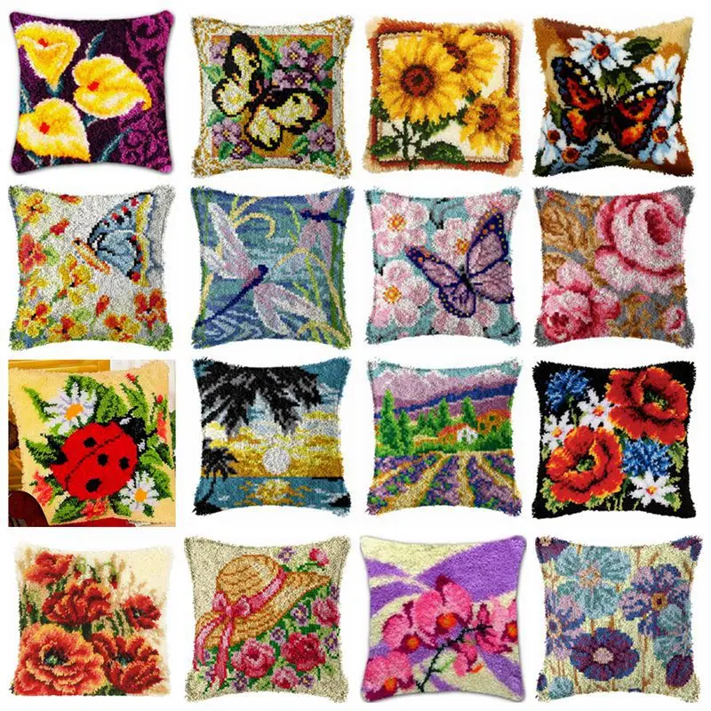 Butterfly Latch Hook Wool Flower Plant Pillow Rug Kit DIY Cross Stitch 3D Yarn Embroidery Kits Rug Canvas Carpet Embroidery Gift