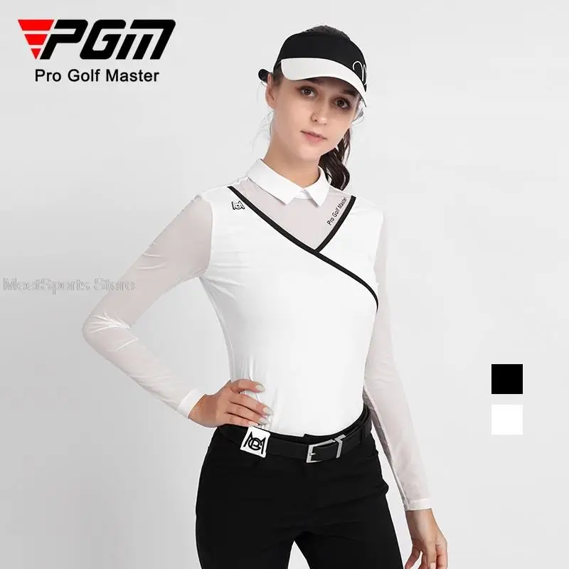 Pgm Golf Women\'s Long Sleeve T Shirts Breathable Ice Silk Summer Tops Ladies Cooling Sunscreen Polo Shirts Back Zipper Golf Wear