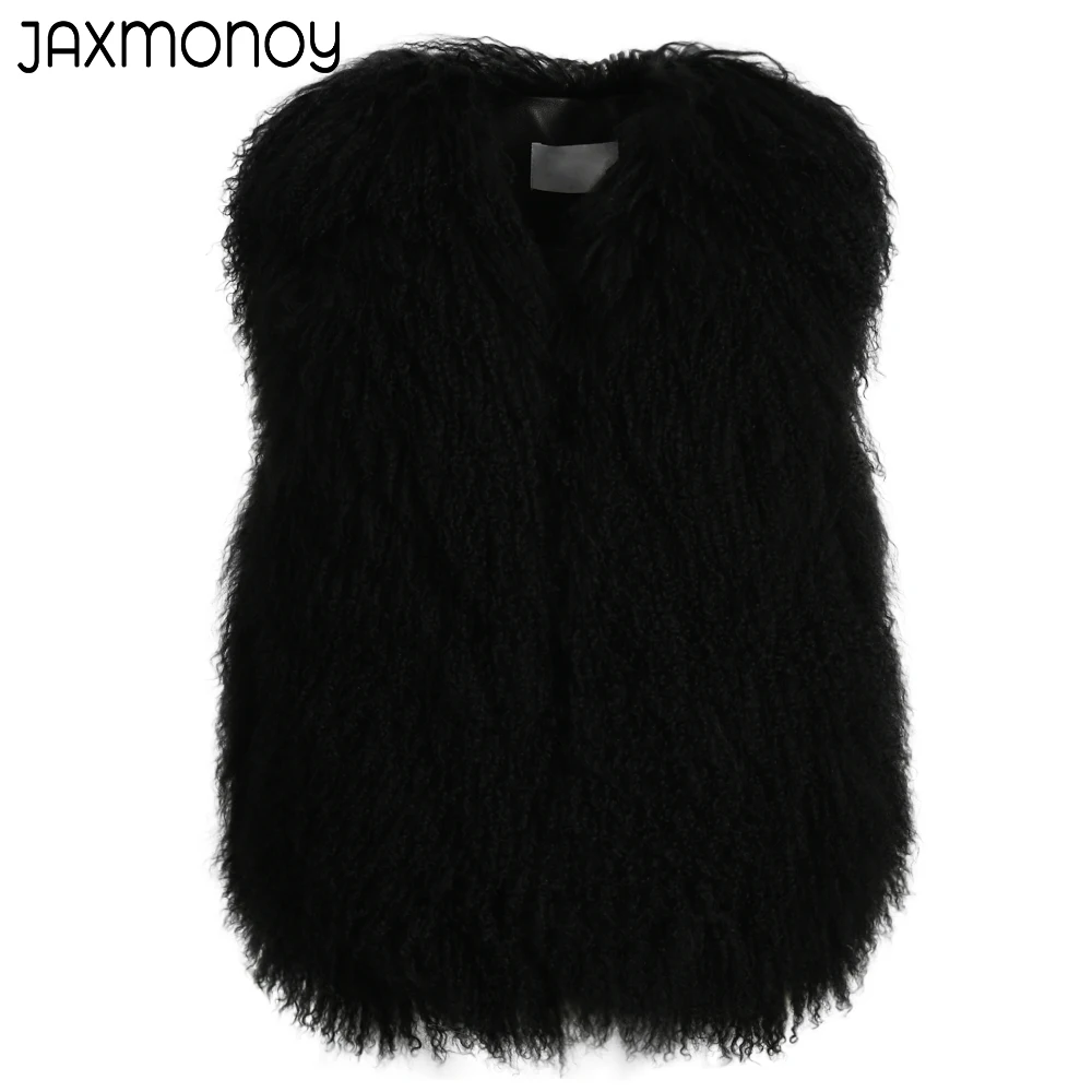 Jaxmonoy-Manteau en Vraie Fourrure de Mouton Mongol pour Femme, Gilet Solide, Nouvelle Collection Automne Hiver