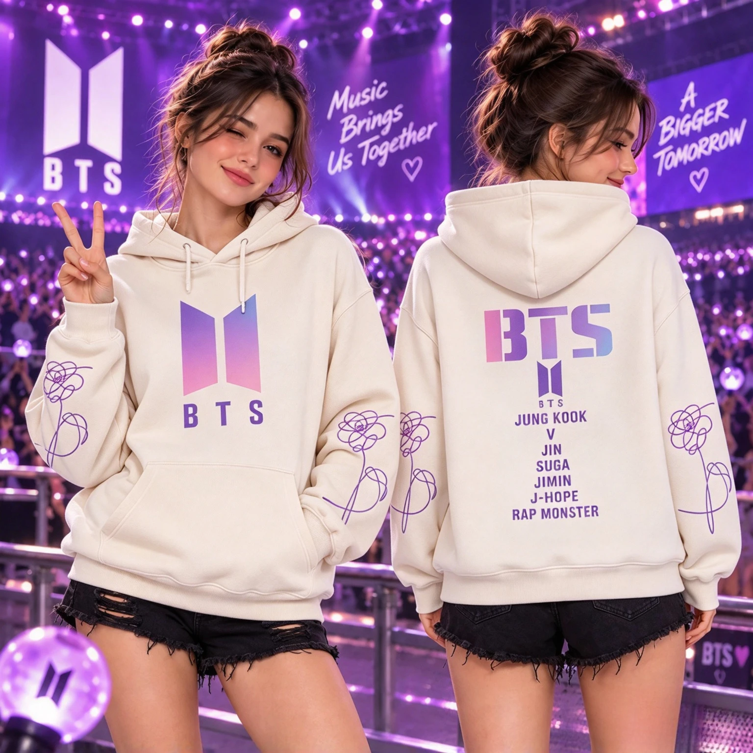 BTS Doppelseitiger Hoodie für Herren und Damen mit Farbverlauf-Logo, Mitgliedernamen und Blumenmuster am Ärmel, Kpop-Fans Freizeit-Pullover-Sweatshirt – Detail 6