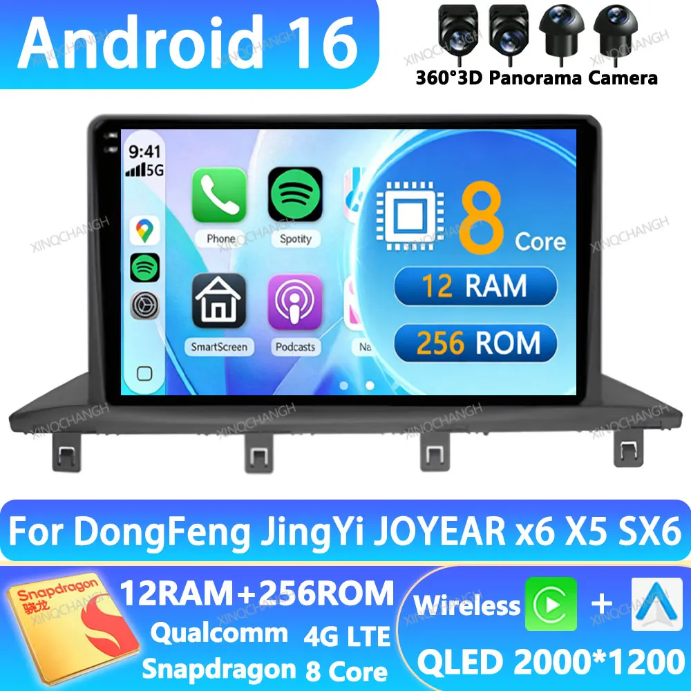 Android 16 Car Radio For DongFeng JingYi JOYEAR X6 X5 SX6 S50 S50EV T5 T5L BT Multimedia Stereo Video Player 4G LTE 5G WIFI QLED