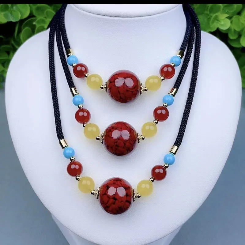 

17 мм натуральное киноварь ожерелье женские целебные драгоценные камни ювелирные изделия красный киноварь кристалл круглые бусины кулон ключицы ожерелья