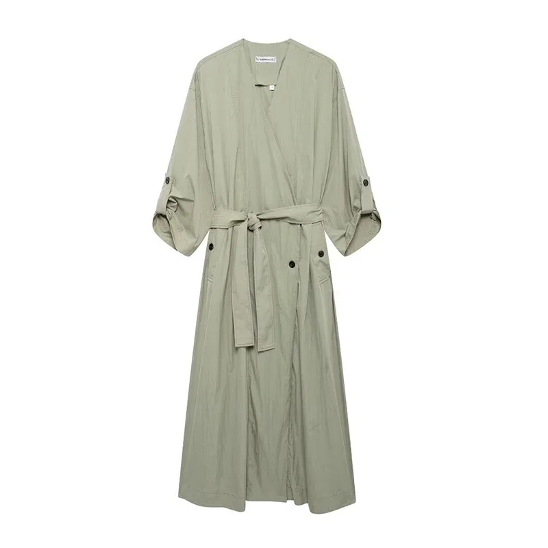 

Women Fashion With Belt Green Pleated Midi Dress Vintage V-Neck Long Sleeves Female Chic Lady Dresses