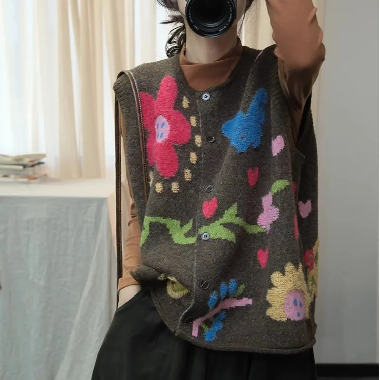 

Retro Knitted Sweater Vest Women's Loose round Ne Top Age-Defng Versatile Trendy Outerwear Layering Fall Season