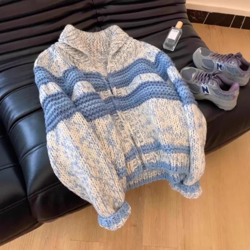 

Early Spring Korean Lazy Style Blue Striped Lapel Coarse Knitted Sweater Cardigan Jacket Women's New Top Trend Female Clothing