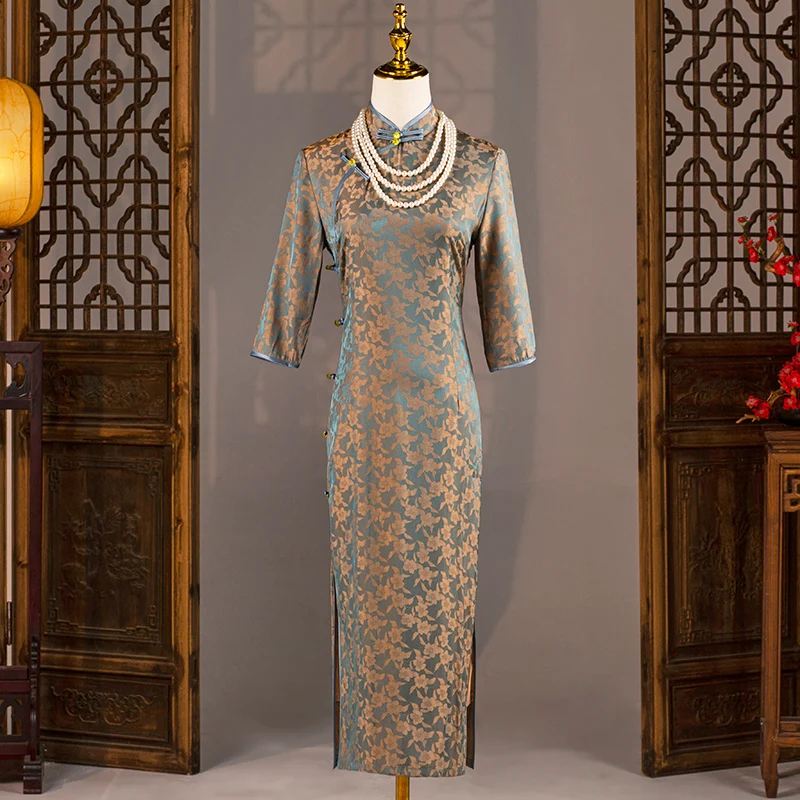 

Элегантное ретро-платье с длинным рукавом и цветочным узором в классическом китайском стиле для мам, улучшенная версия