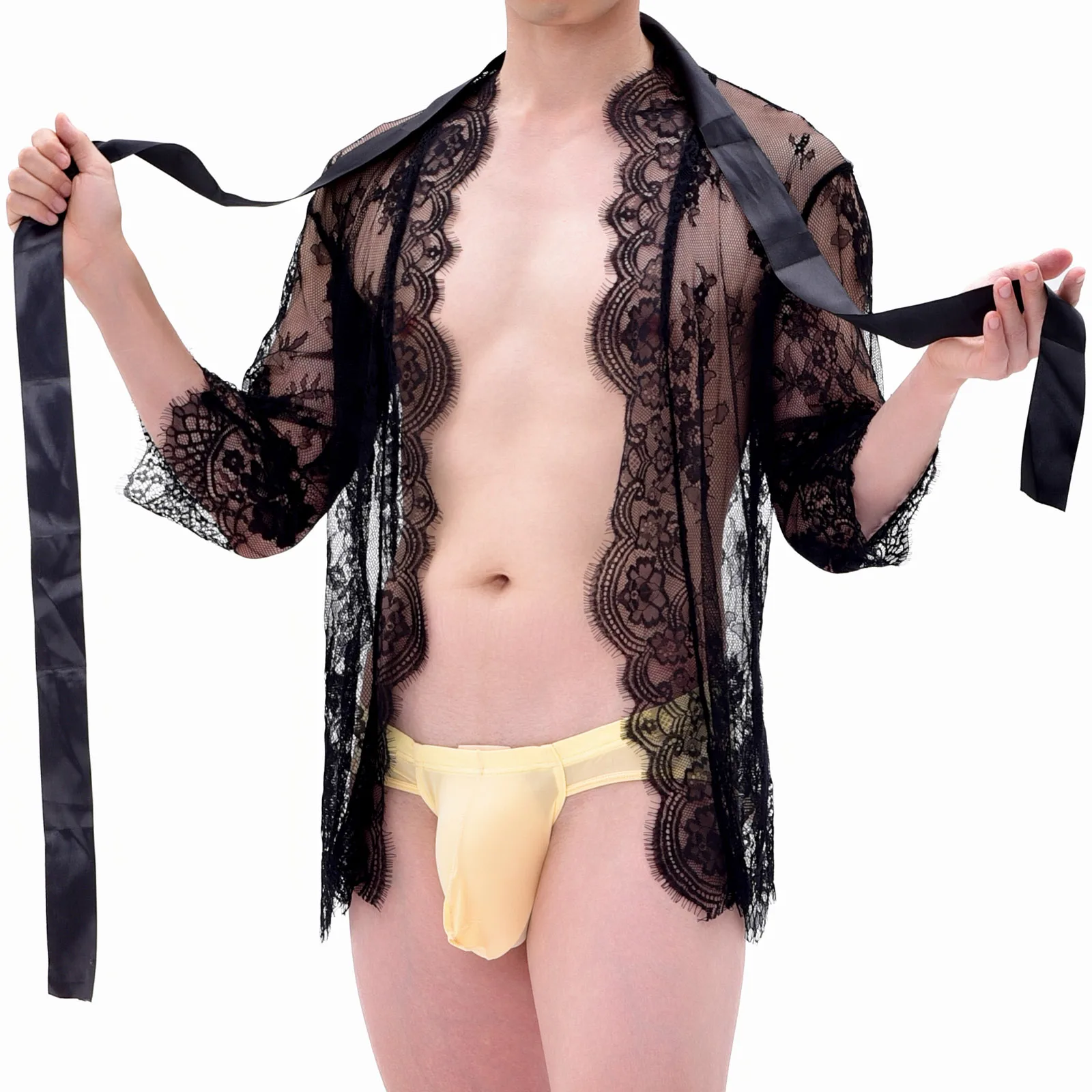 CLEVER-MENMODE Kanten Korte Jas Mannen Sexy Perspectief Pyjama Nachtkleding Transparante Erotische Lingerie Crossdressing Kostuum Nachtjapon