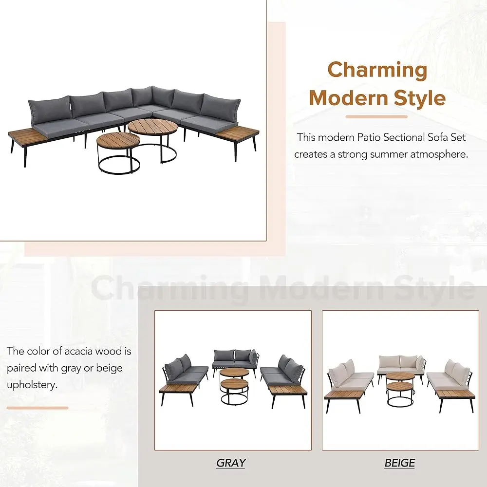 6 Piece Outdoor Sectional Sofa Set, Patio Sofa Set With Round Nesting Coffee Tables And Seating Sofa With Cushions, For Pool