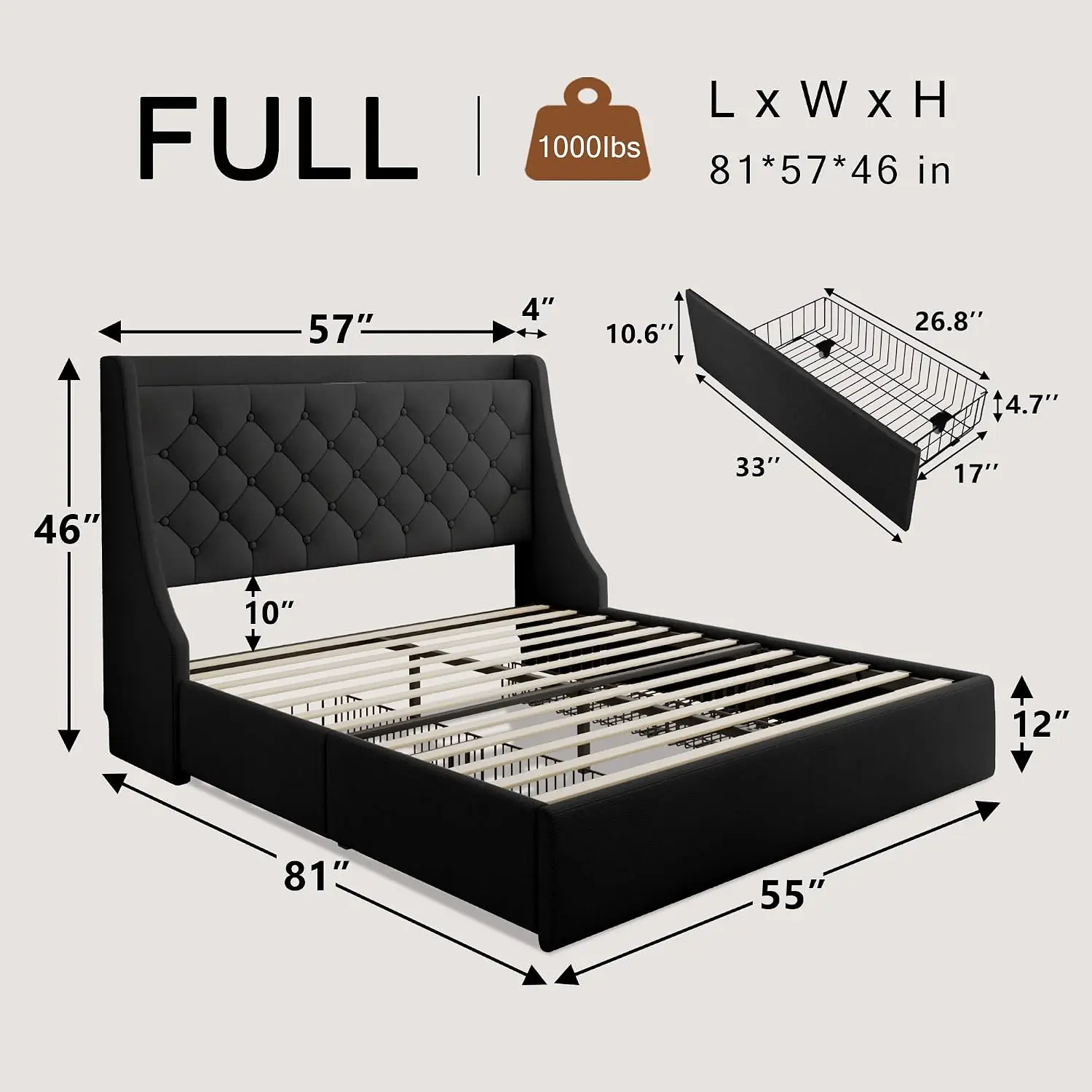 Full Size Upholstered Platform Bed with 4 Storage Drawers & Wingback Headboard & Charging Station, No Box Spring, Easy Assembly,