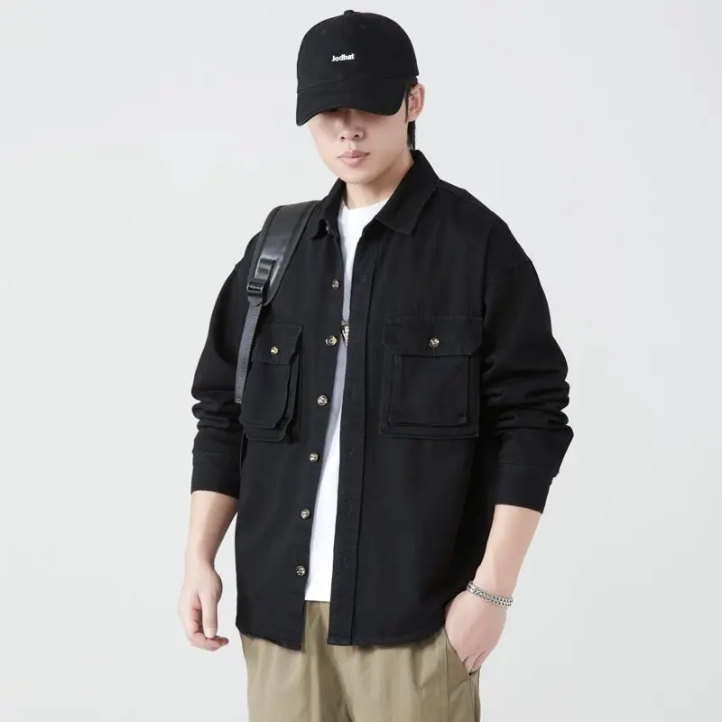 القطن الخالص الأدوات قمصان الرجال ربيع الخريف الشارع الشهير خمر موضة عادية فضفاض كم طويل أبلى البضائع سترة بلوزة جديد #1