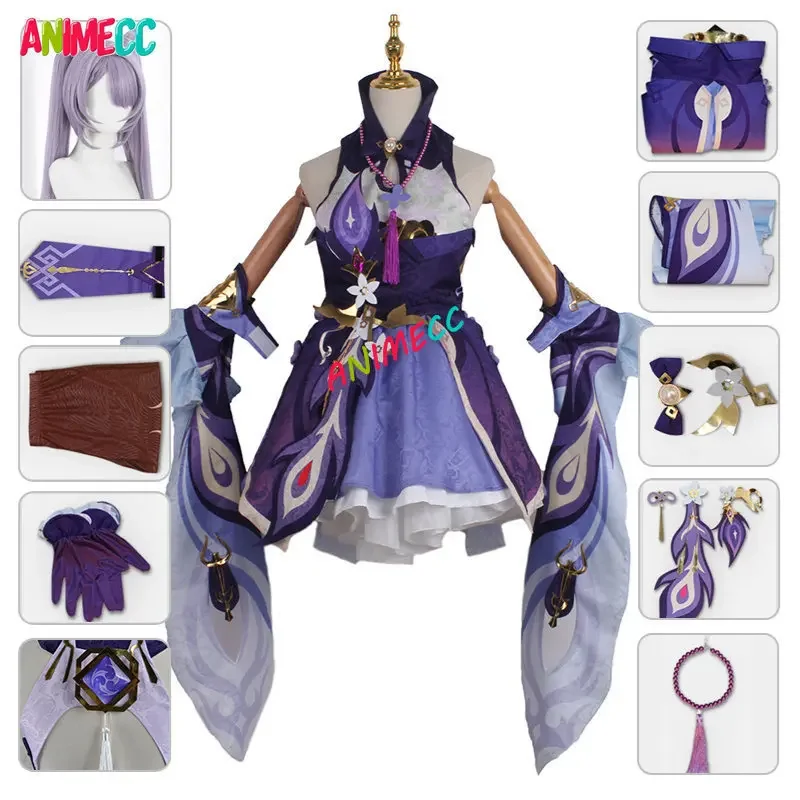 ANIMECC Genshin Impact Keqing Cosplay Costume Wigs  Anime Game Dress Halloween Party Clothes Uniforms for Women Girl XS-XXL