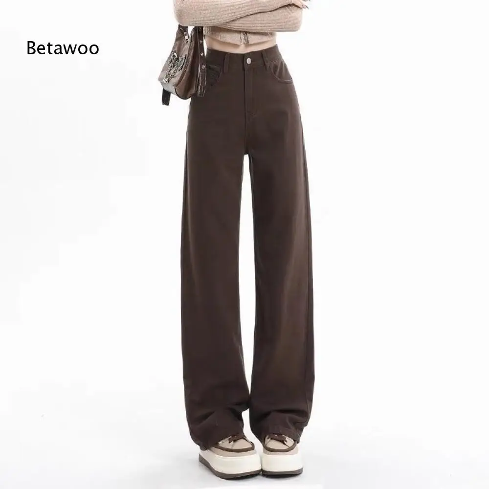 Women's Brown High Waist Wide Leg Jeans Casual Straight Leg Denim Pants
